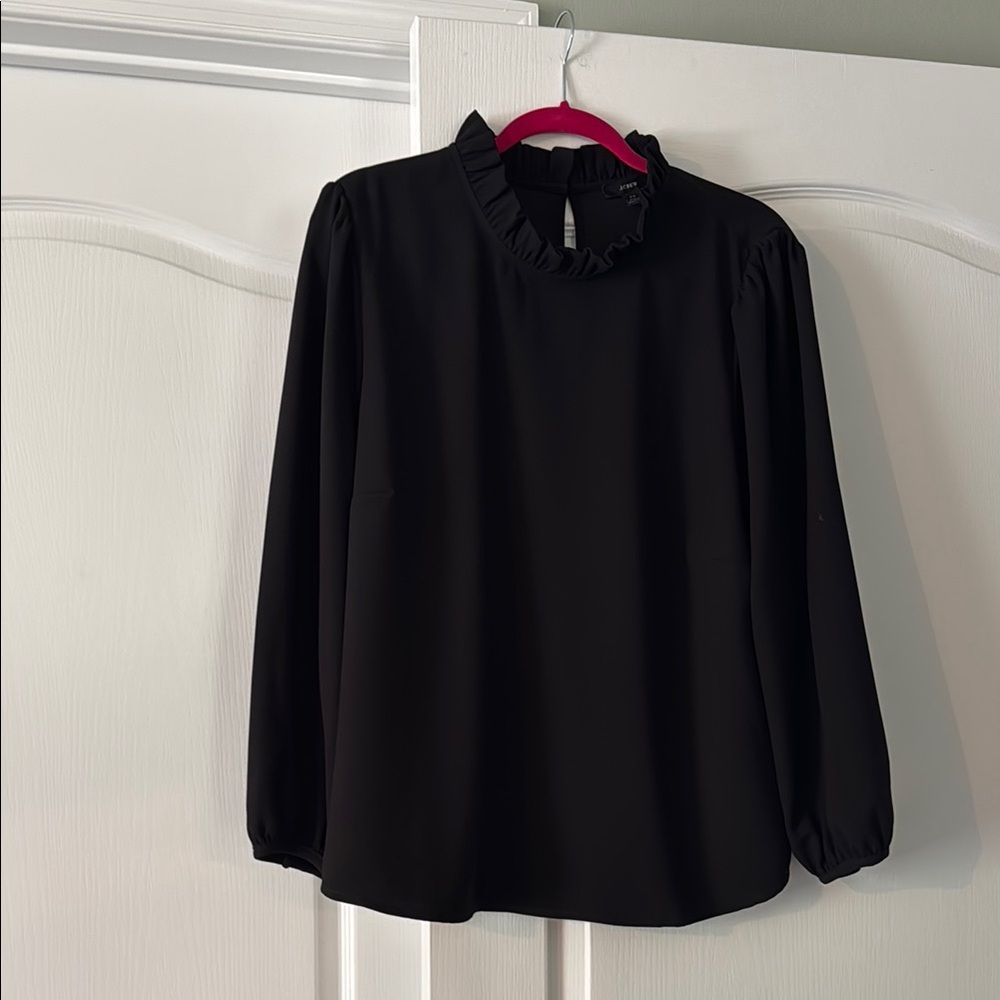 J. Crew Black Ruffled Mandarin Collar Blouse